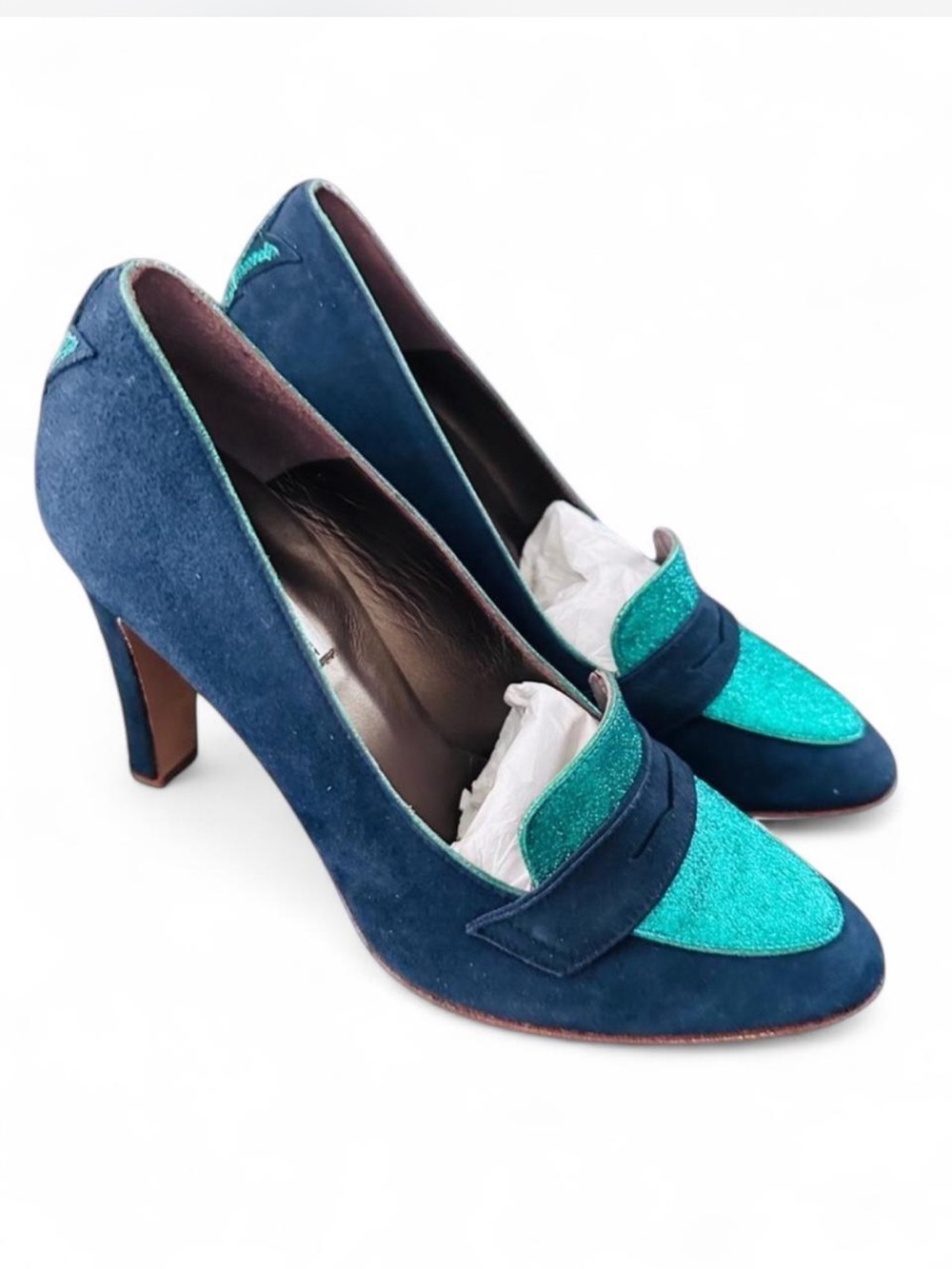 NWT! Designer Patricia Blanchett Navy & Green Leather Poseidon Loafer-Pumps